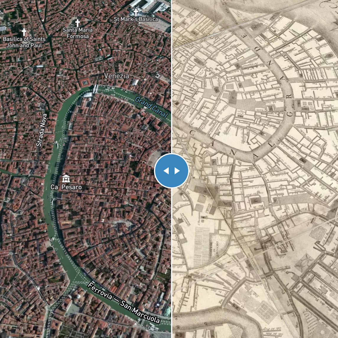modern map of venice superimposed above old one